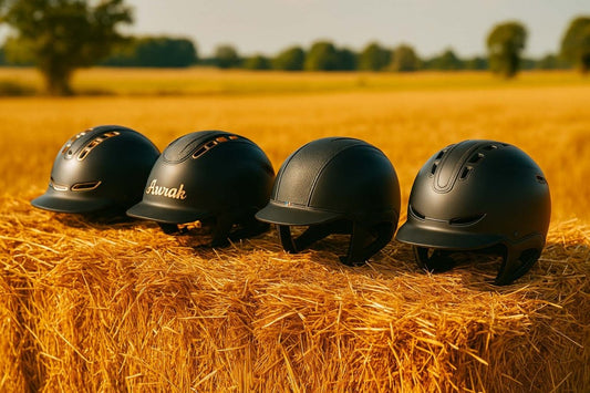Casques d’équitation adaptés aux fortes chaleurs exposés sur une botte de paille dans un champs en plein été.