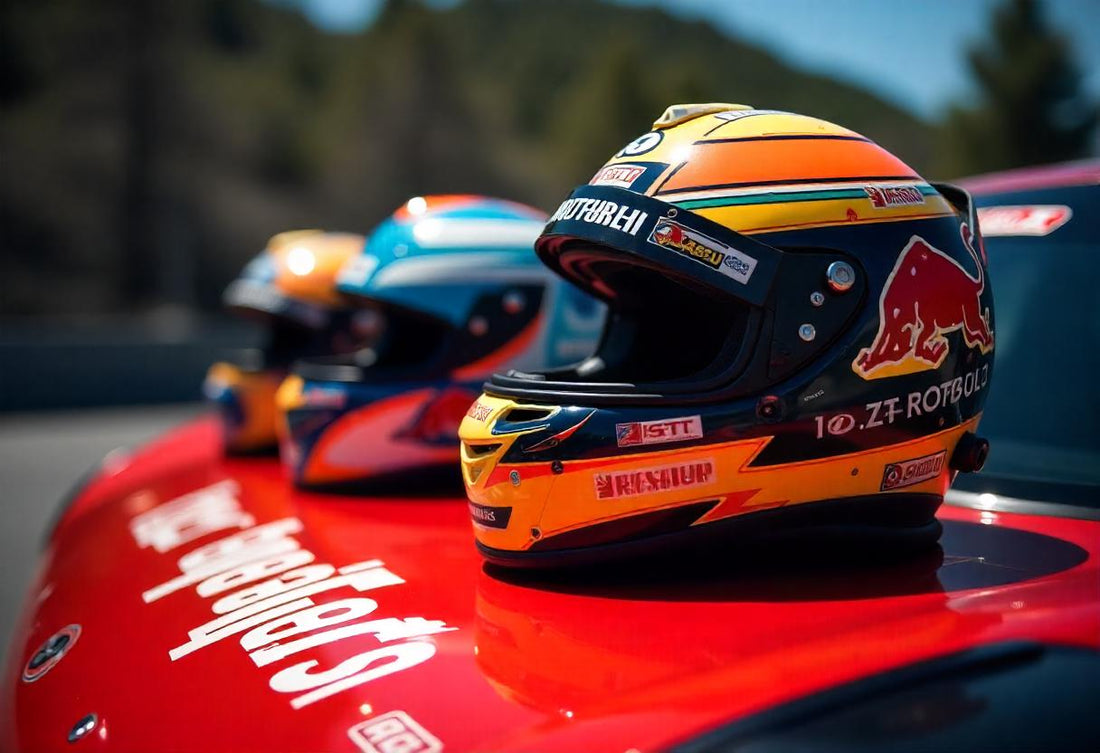 Casques de rallye WRC exposés sur le capot d'une voiture de course.