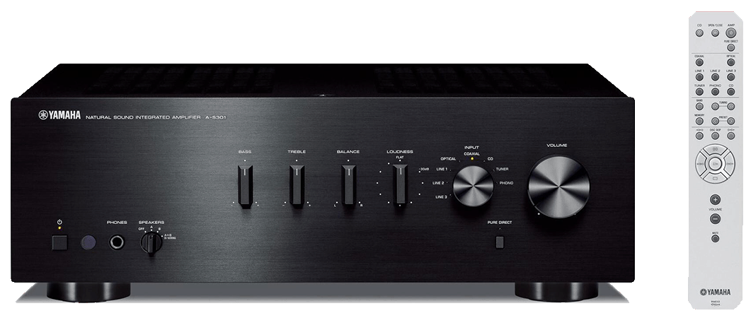 Amplificateur Yamaha A-S301 stéréo Hi-Fi, 2 x 60 W, avec DAC intégré et entrées optique/coaxiale.