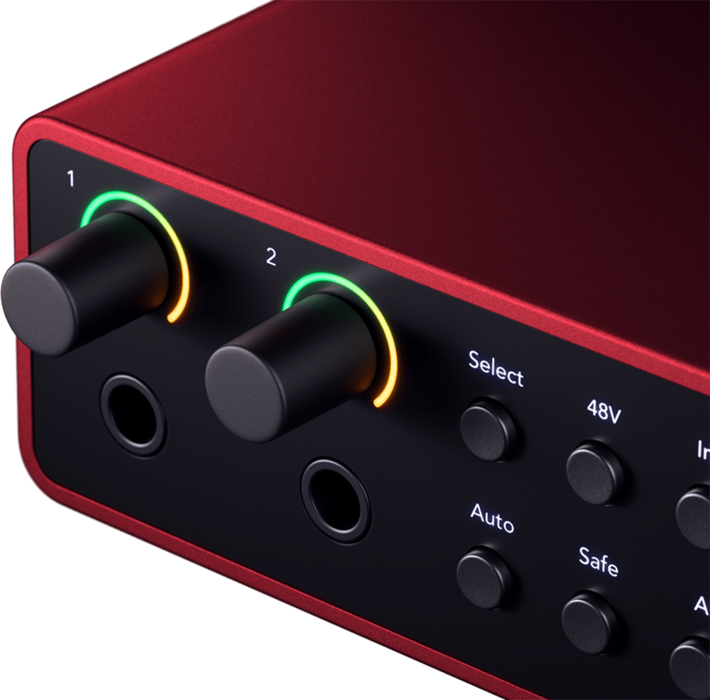 Gros plan sur les boutons de gain et indicateurs LED de la Scarlett 2i2 pour un contrôle précis du son