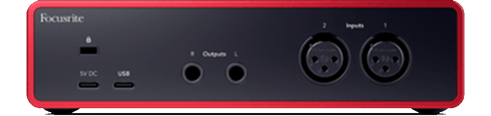 Panneau arrière de la Focusrite Scarlett 2i2, montrant les sorties TRS équilibrées et le port USB-C