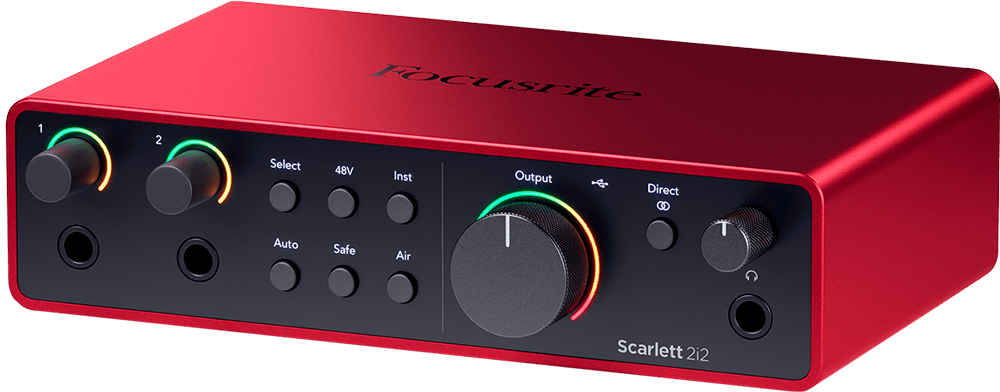 Un home studio équipé de la Focusrite Scarlett 2i2, idéale pour les podcasteurs et musiciens.
