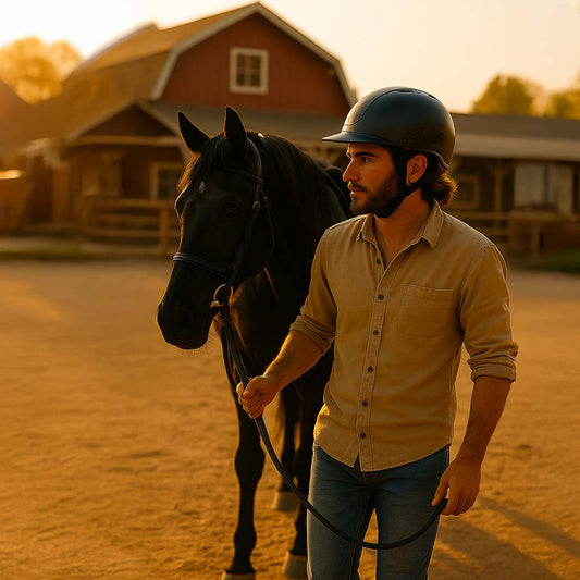 Cavalier qui rentre son cheval au corral après une longue promenade.