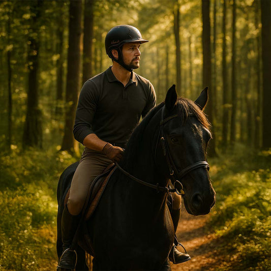 Cavalier à cheval dans une foret ensoleillée protégé par sa bombe AURAK POLARIS