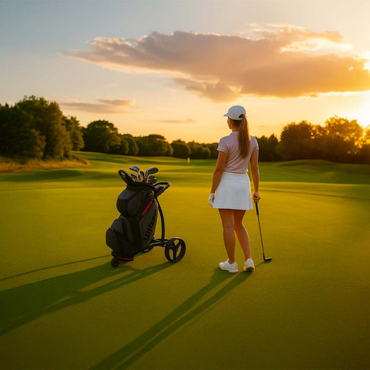 Une golfeuse sur le green en fin de journée pendant son parcours avec son sac chariot Wilson staff alpine