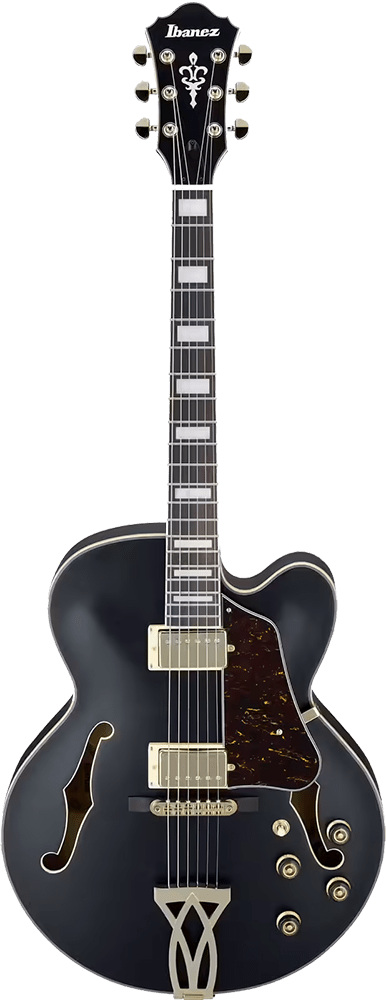 Vue de face de la guitare Ibanez AF75GBKF Black Flat – Finition noire mate et micros Classic Elite pour un son riche.