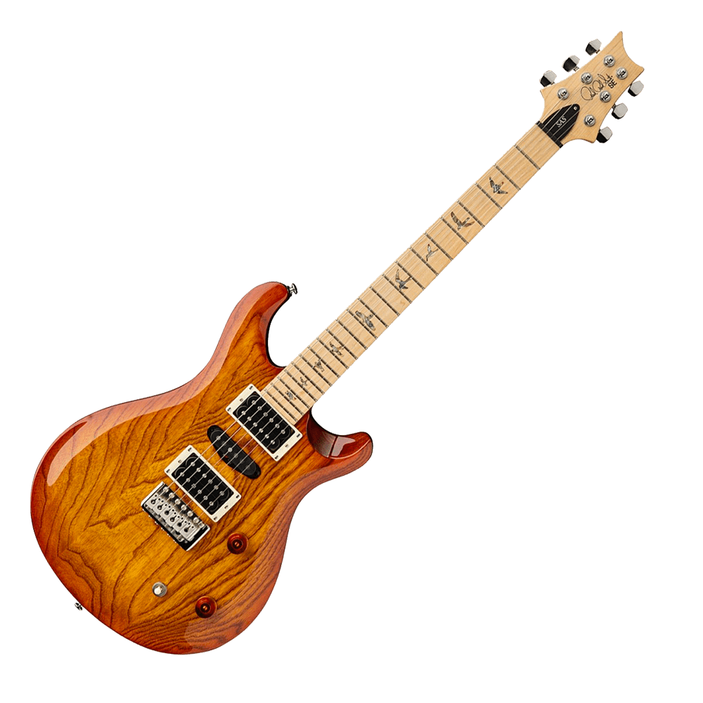 Guitare électrique PRS SE Swamp Ash Special Vintage Sunburst en position debout – Un design élégant et une finition éclatante pour un son exceptionnel.