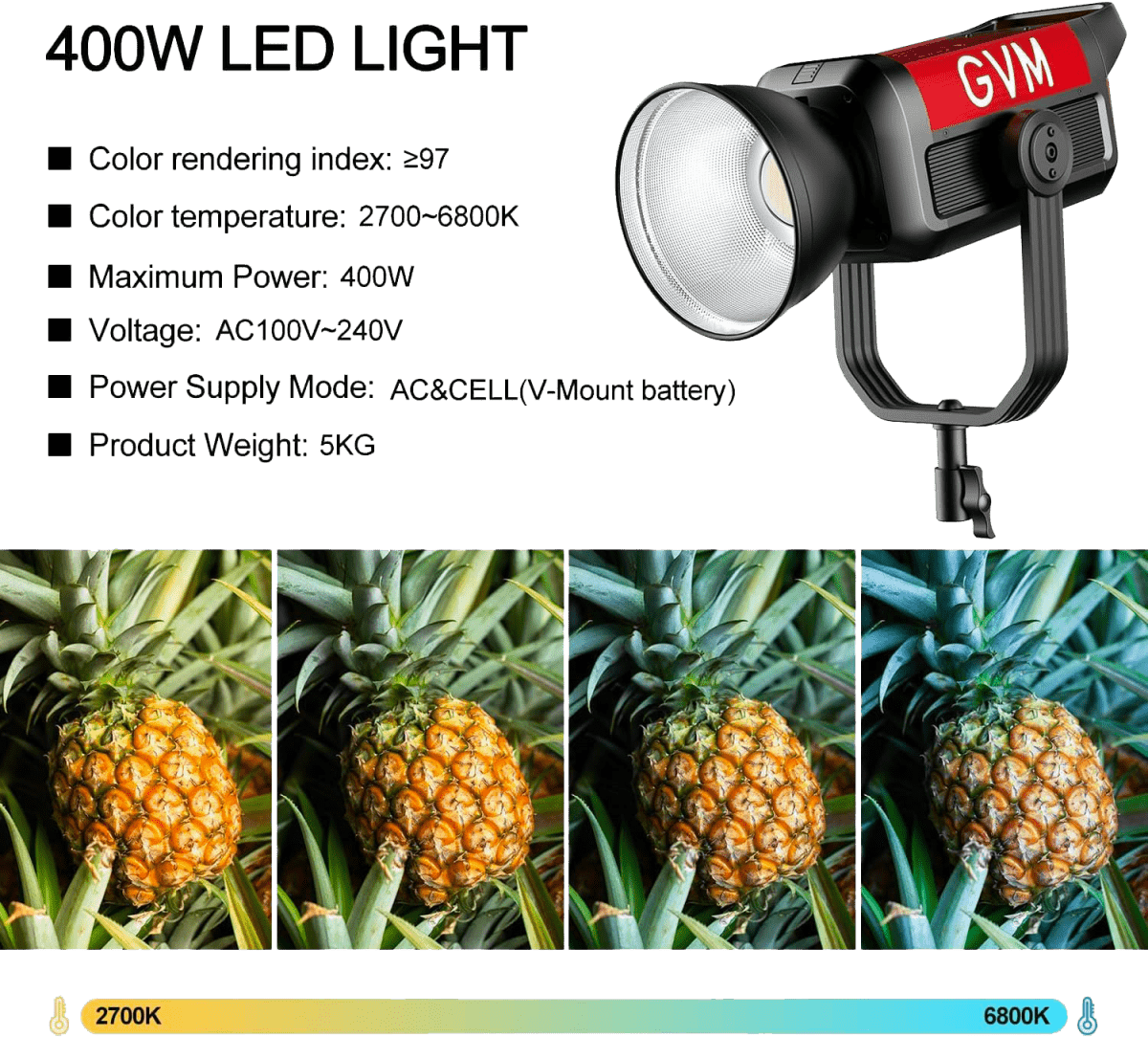 GVM Lampe vidéo LED 400 W, Pro 400B Bowens LED vous permet de faire varié vos températures d'éclairage.