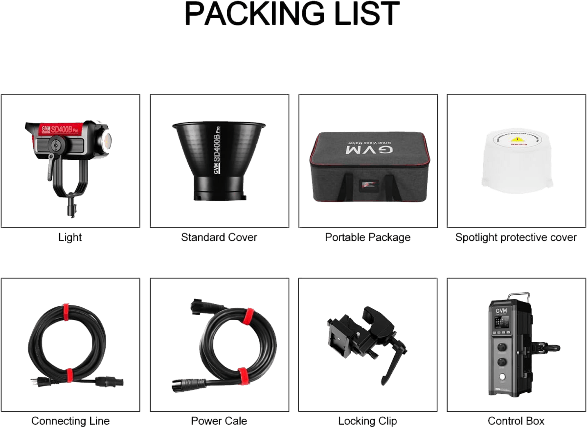 GVM Lampe vidéo LED 400 W, Pro 400B Bowens LED et ses différents accessoires.