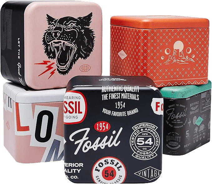 Boîte Fossil en métal avec design vintage et logo gravé