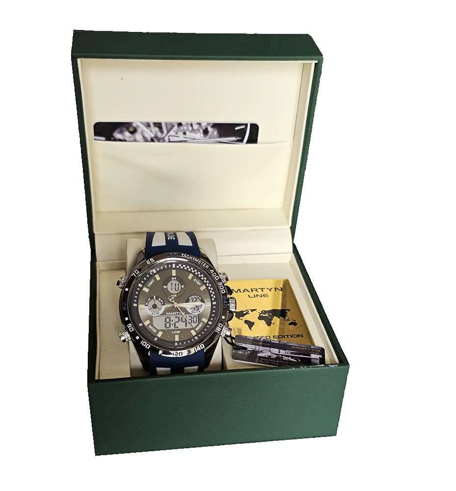 Montre Martyn Line Dual Time Chronograph avec bracelet en caoutchouc bleu et blanc, affichage analogique et numérique, et fonctions chronographe.
