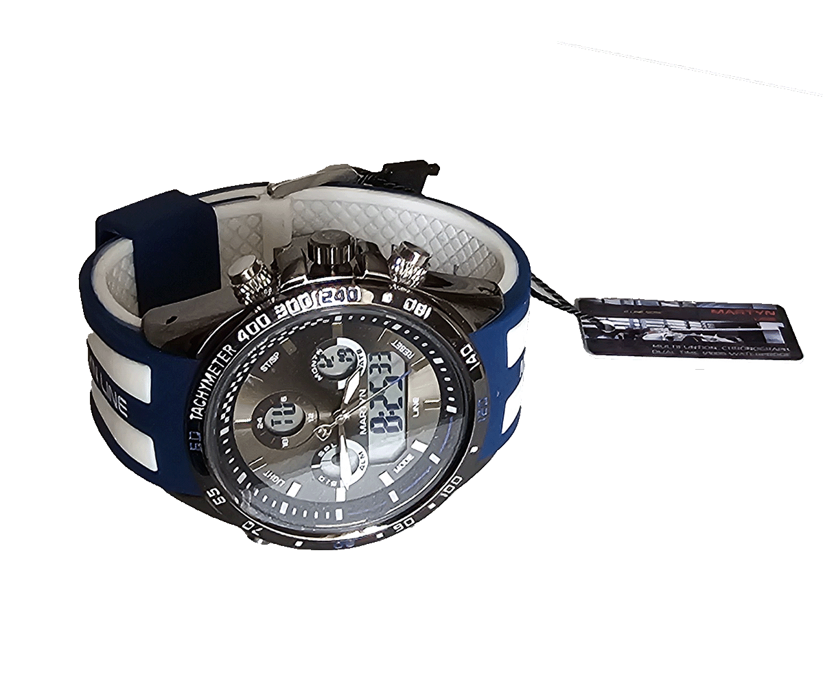 Montre sportive Martyn Line avec double affichage, tachymètre, chronomètre et bracelet en caoutchouc résistant.