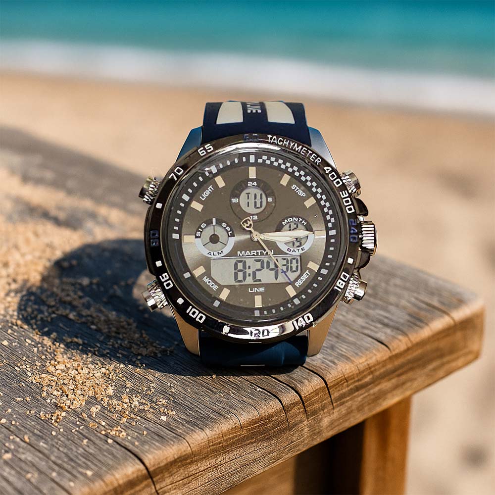 Montre sportive Martyn Line avec double affichage, tachymètre, chronomètre et bracelet en caoutchouc résistant.