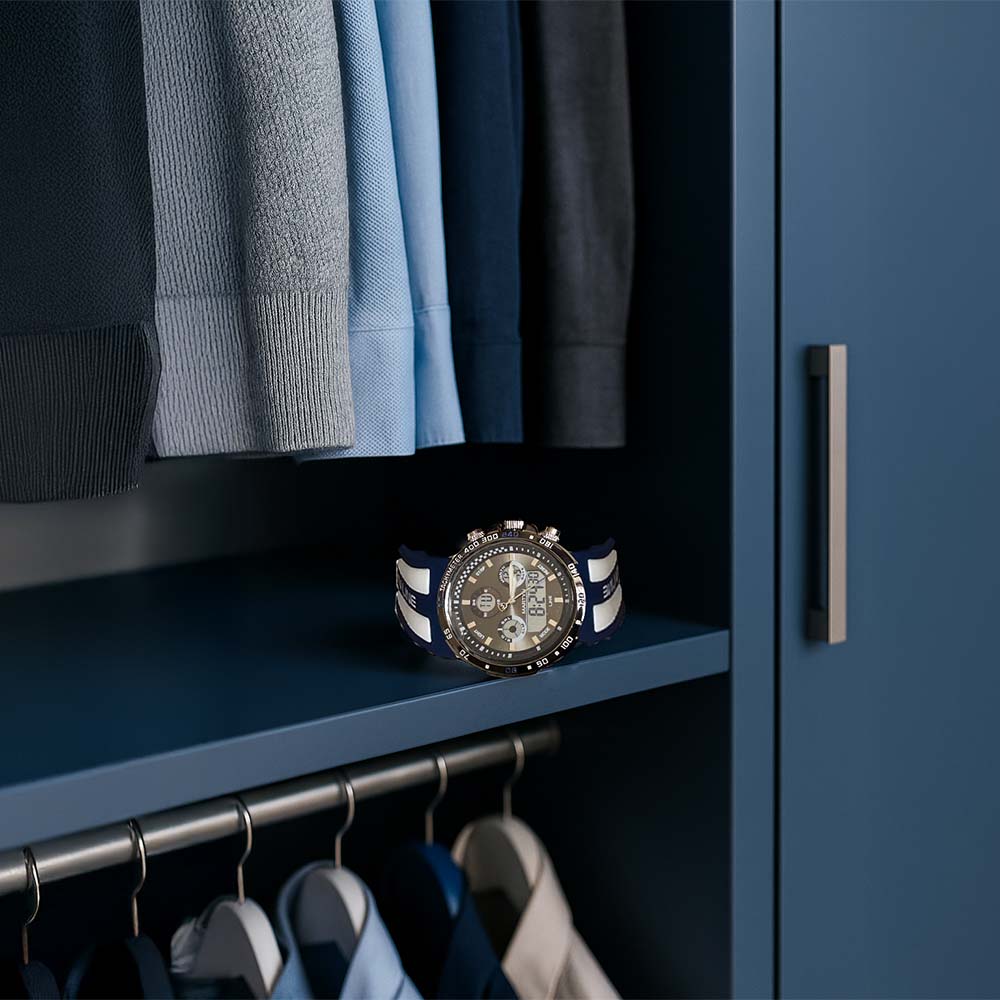 Montre chronographe Martyn Line au design moderne, résistante aux éclaboussures, avec bracelet en silicone bleu et blanc.