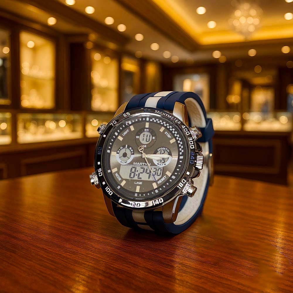 Montre homme Martyn Line Dual Time avec cadran noir, aiguilles lumineuses, affichage digital et alarme intégrée.