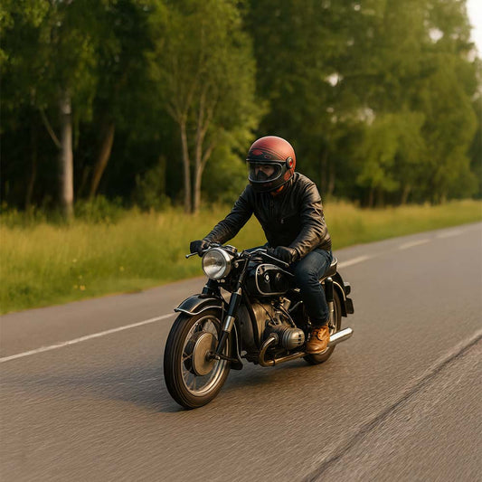 Motard sur une moto ancienne. il est équipé pour sa sécurité avec un casque archive vintage legend.