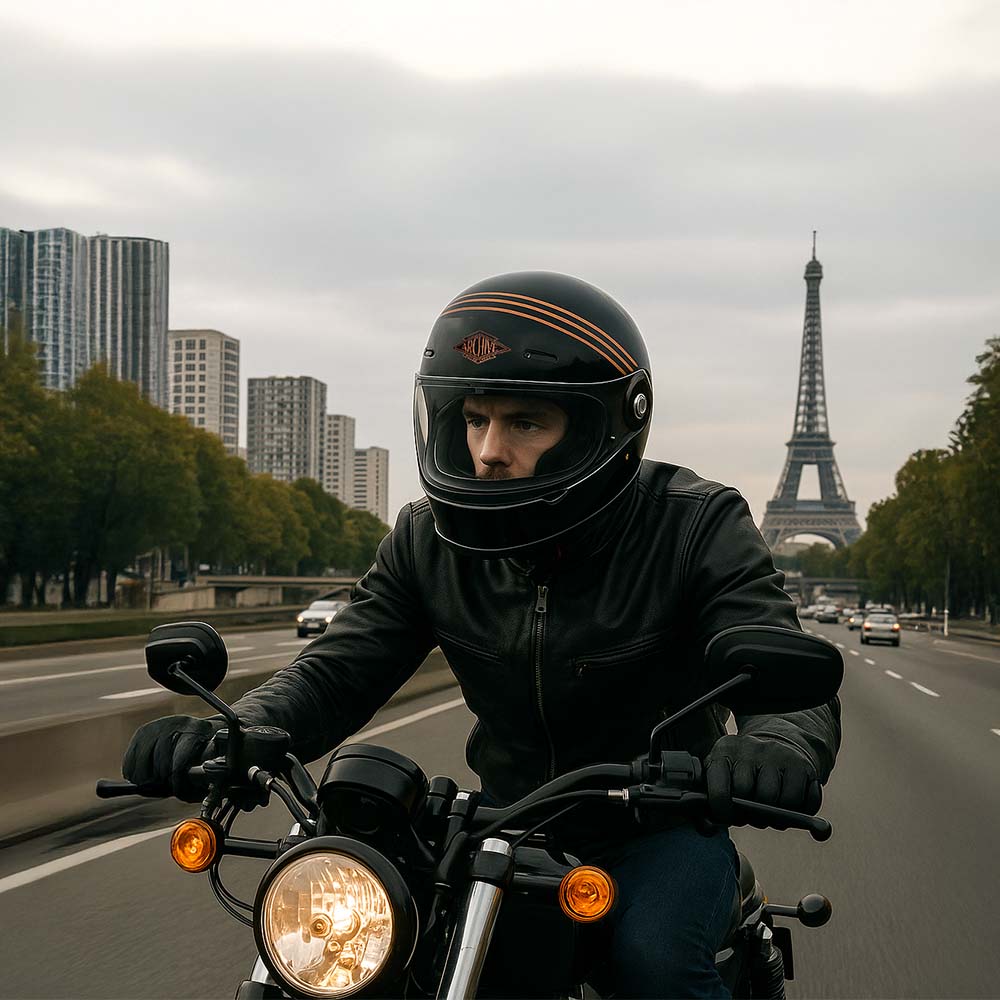 Motard circulant en 2 roues dans Paris la tête bien protégée par son casque ARCHIVE VINTAGE LEGEND