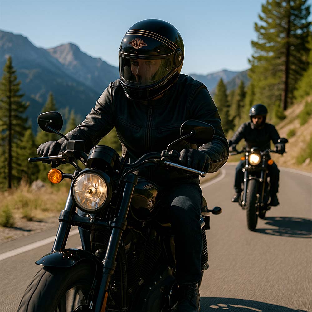 Balade sympa en moto sur de belles routes de montagne entre copains et un casque vintage legend de chez archive pour assurer la sécurité.