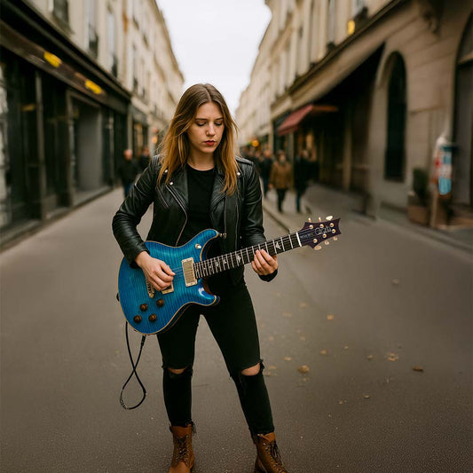 Musicienne dans la rue joue avec une guitare Paul Reed Smith Faded Blue.