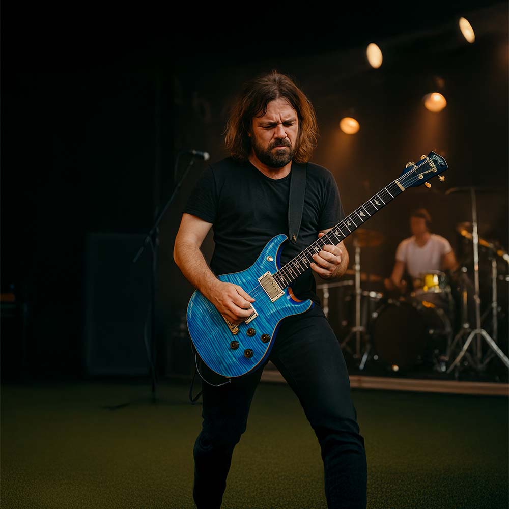 Rockeur sur scène avec sa guitare PAUL REED SMITH FADED BLUE