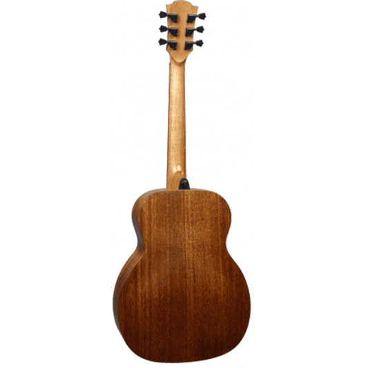 Vue de dos de la guitare Lâg Travel-KAE Khaya – Un corps en khaya pour une sonorité naturelle et profonde.