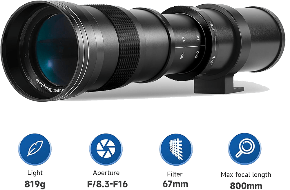 Vue rapprochée du téléobjectif JINTU 420-800mm avec bague de mise au point manuelle pour un contrôle précis.
