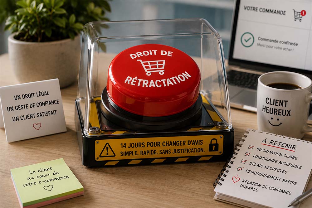 Bouton de droit de rétractation illustrant les 14 jours légaux accordés aux consommateurs pour annuler un achat en ligne.
