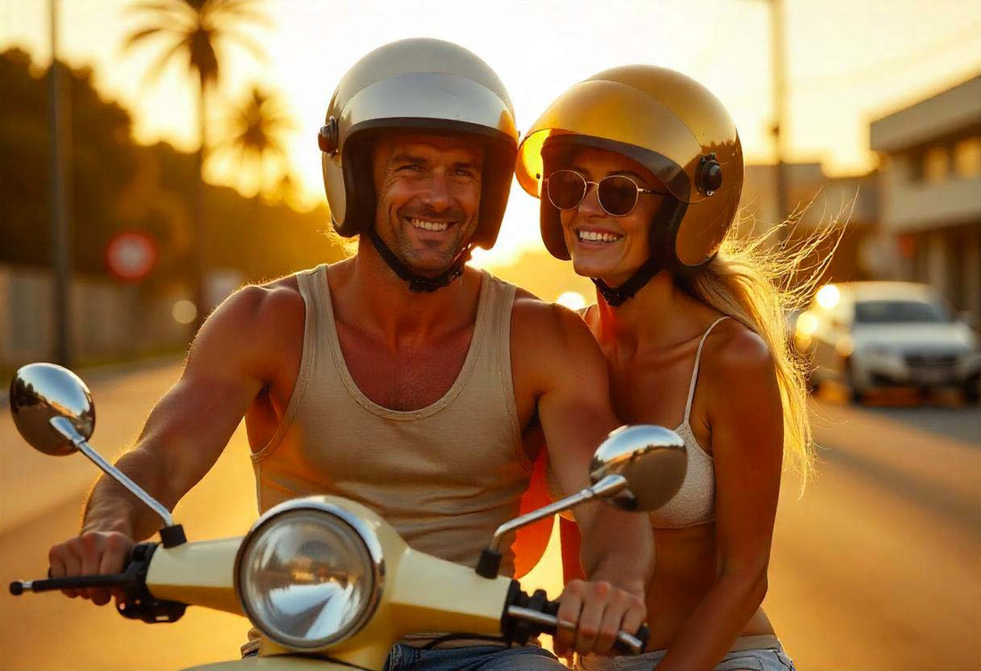 Un couple de vacancier en scooter dans la ville de leurs vacances qui portent chacun un casque jet NEXX