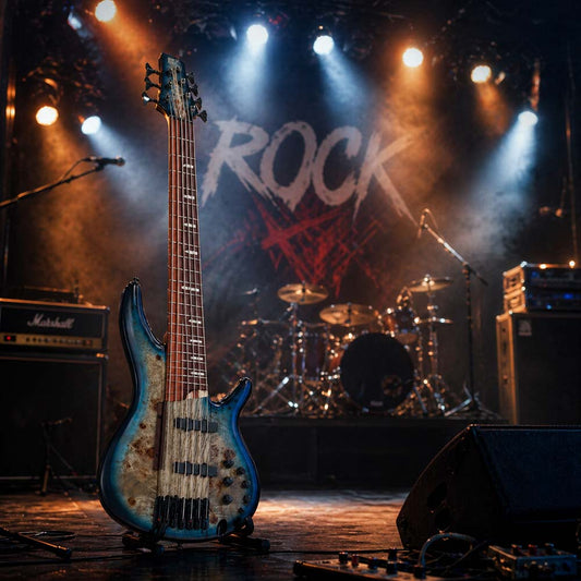 Guitare basse IBANEZ 7 cordes SRAS7 SDGR sur une scène de concert rock fait toujours beaucoup d'effets aux musiciens.