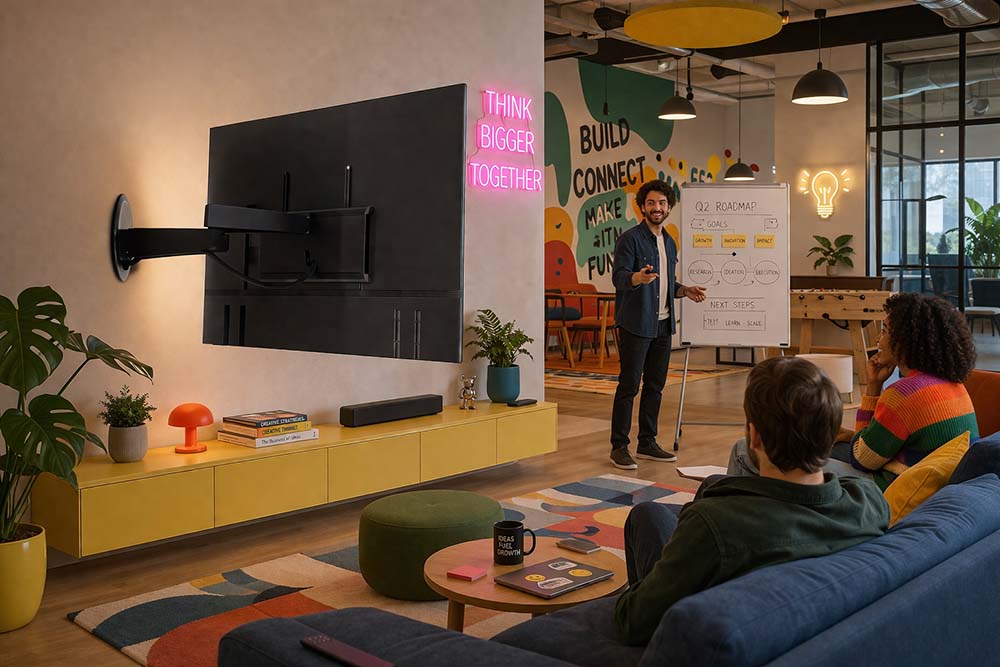 Ce support TV mural motorisé peut aussi vous permettre d'orienter l'écran de votre présentation pour qu'il soit vu par tout le monde.