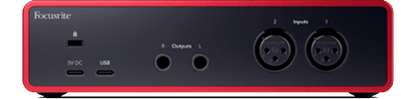 Panneau arrière de la Focusrite Scarlett 2i2, montrant les sorties TRS équilibrées et le port USB-C