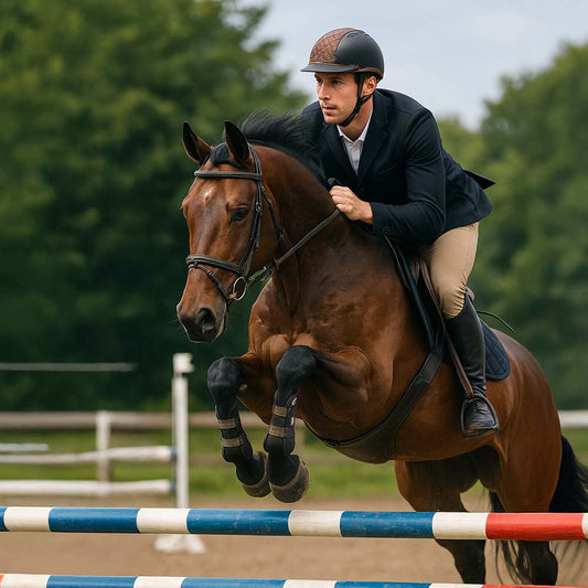 Un cavalier sur un jumping qui porte une bombe AURAK CHEVEL comme protection.
