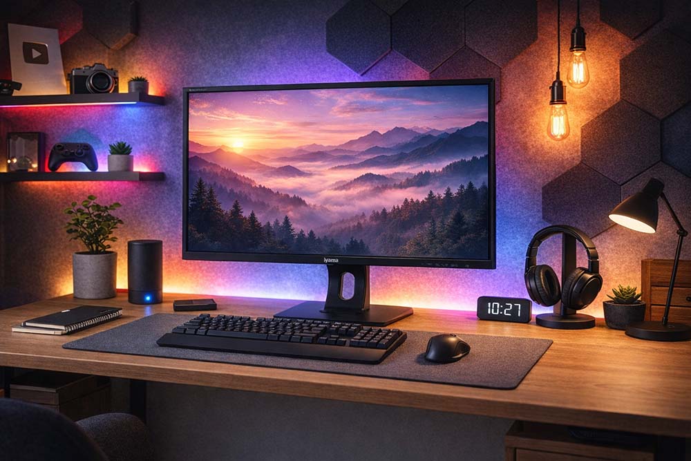 Bureau de travailleur indépendant équipé d'un écran PC déporté iiYAMA 24 pouces