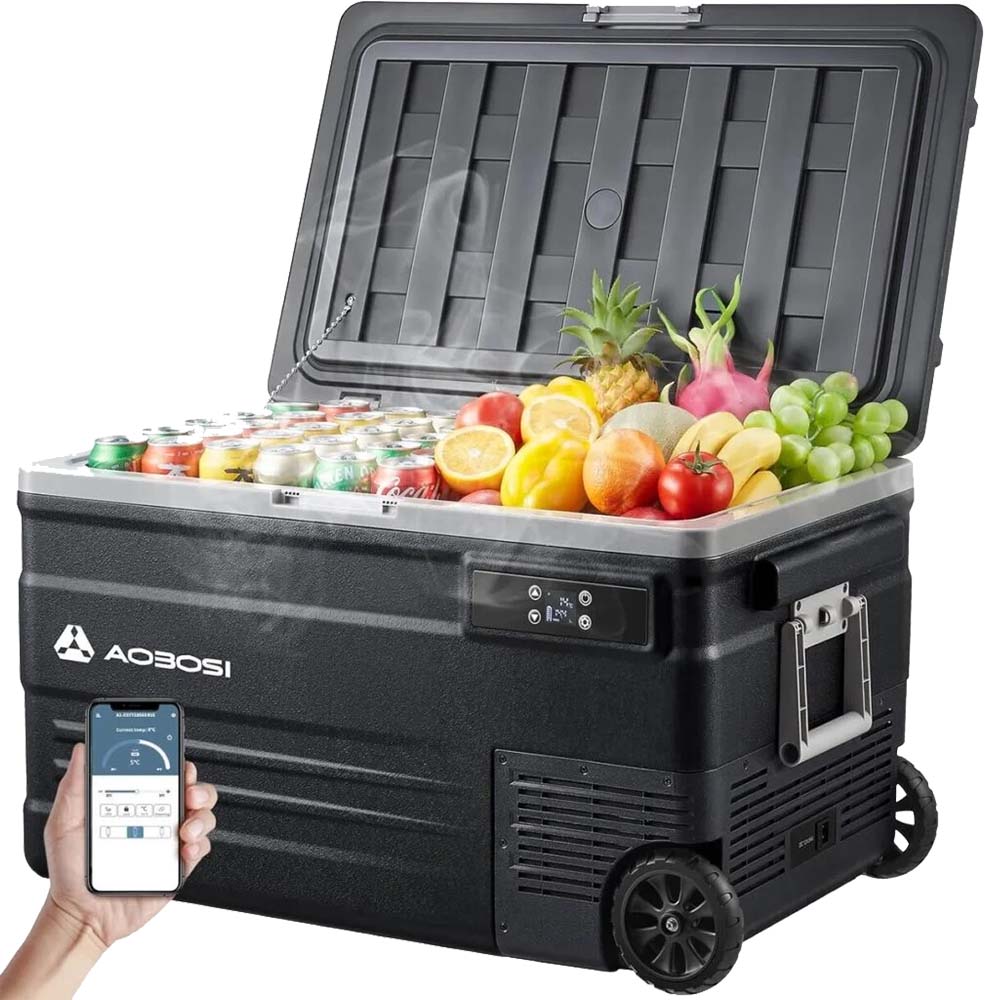 Glacière - AAOBOSI - TWW75 - 75 L (45.5 L/29.5 L) - 42 dB - Double zone
indépendante - 12 V/24 V et 100-240 V - Température réglable de -20 °C à 20 °C - Mode éco - Poignées de transports et roues - Produit : 93.7 x 47 x 53.3 cm - 25.7 kg pilotable avec son smartphone.