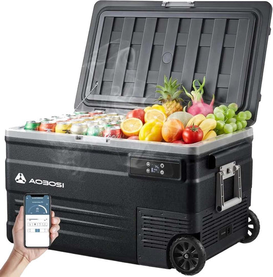 Glacière - AAOBOSI - TWW75 - 75 L (45.5 L/29.5 L) - 42 dB - Double zone
indépendante - 12 V/24 V et 100-240 V - Température réglable de -20 °C à 20 °C - Mode éco - Poignées de transports et roues - Produit : 93.7 x 47 x 53.3 cm - 25.7 kg pilotable avec son smartphone.