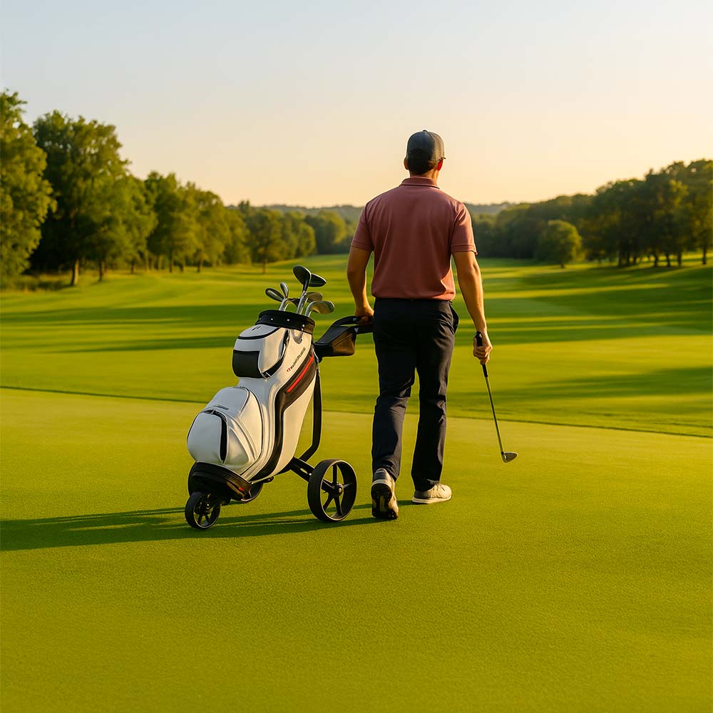 Un golfeur sur son parcours sur le green avec son chariot et son sac Wilson alpine