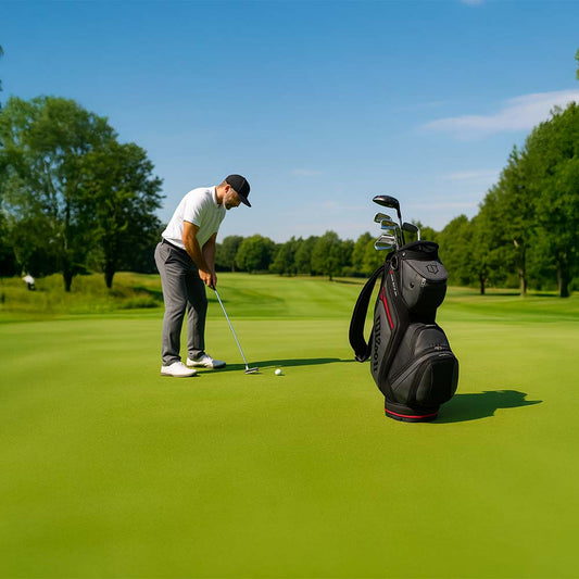 Un golfeur prêt pour son swing devant son sac de golf Wilson.
