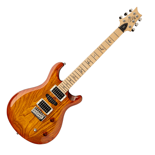 Guitare électrique PRS SE Swamp Ash Special Vintage Sunburst en position debout – Un design élégant et une finition éclatante pour un son exceptionnel.