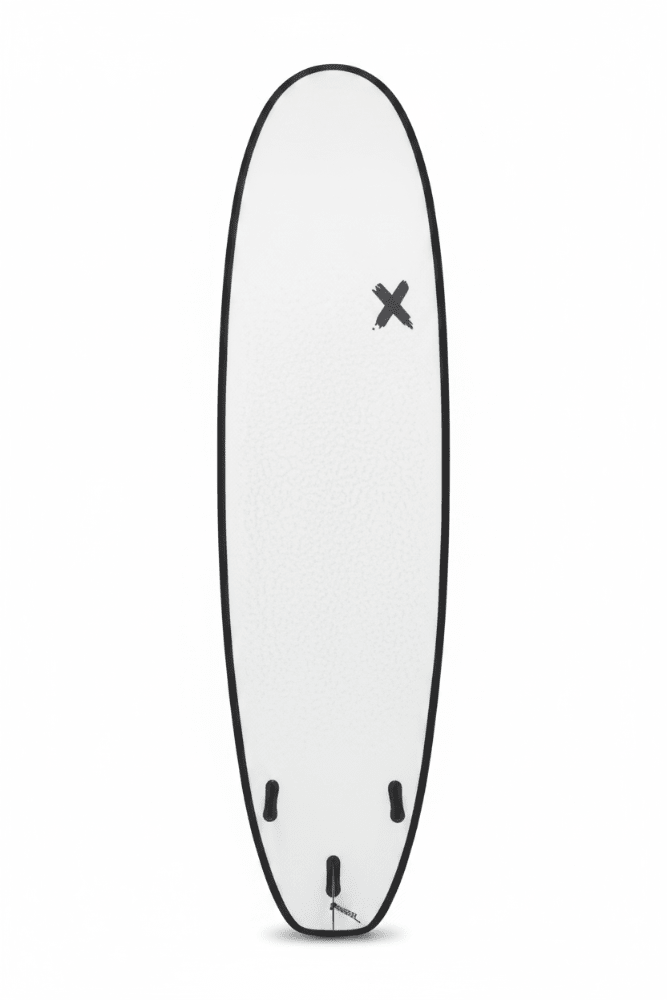 Vue verso et dessous de la planche de surf softboard Random X 7'0", deck blanc avec rail EVA et 3 dérives – Les Etoiles de Magalie