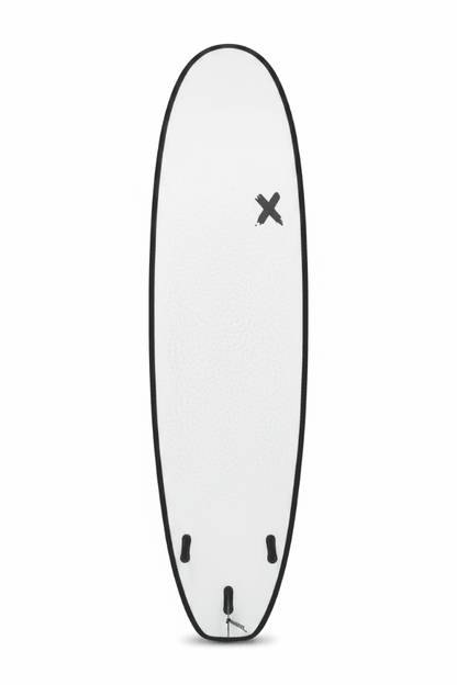 Vue verso et dessous de la planche de surf softboard Random X 7'0", deck blanc avec rail EVA et 3 dérives – Les Etoiles de Magalie