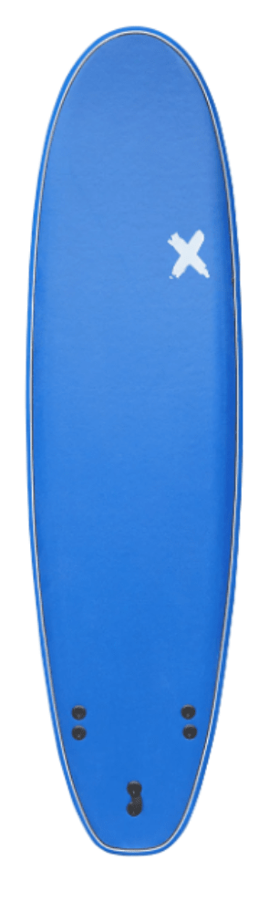 Planche de surf softboard Random X 7'0" vue recto, coloris bleu avec logo X blanc et 3 dérives – Les Etoiles de Magalie