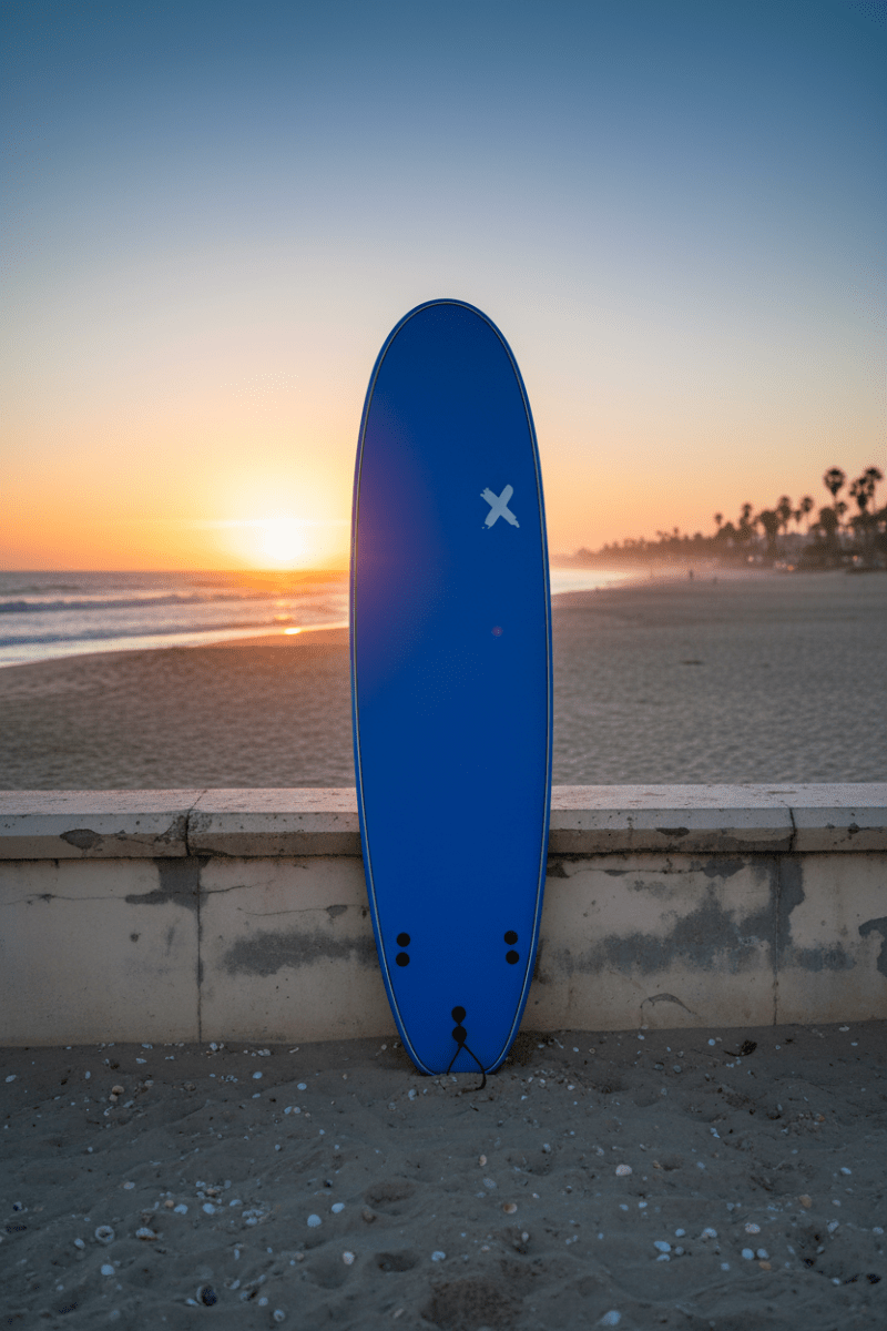 Planche de surf softboard Random X 7'0" appuyée contre un mur de plage au coucher de soleil – Les Etoiles de Magalie