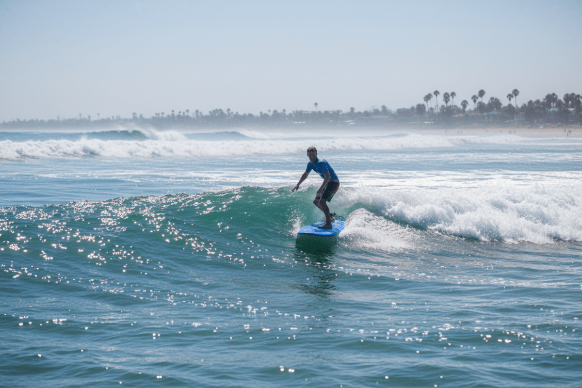 Surfeur en action avec la planche softboard Random X 7'0" sur les vagues – Les Etoiles de Magalie