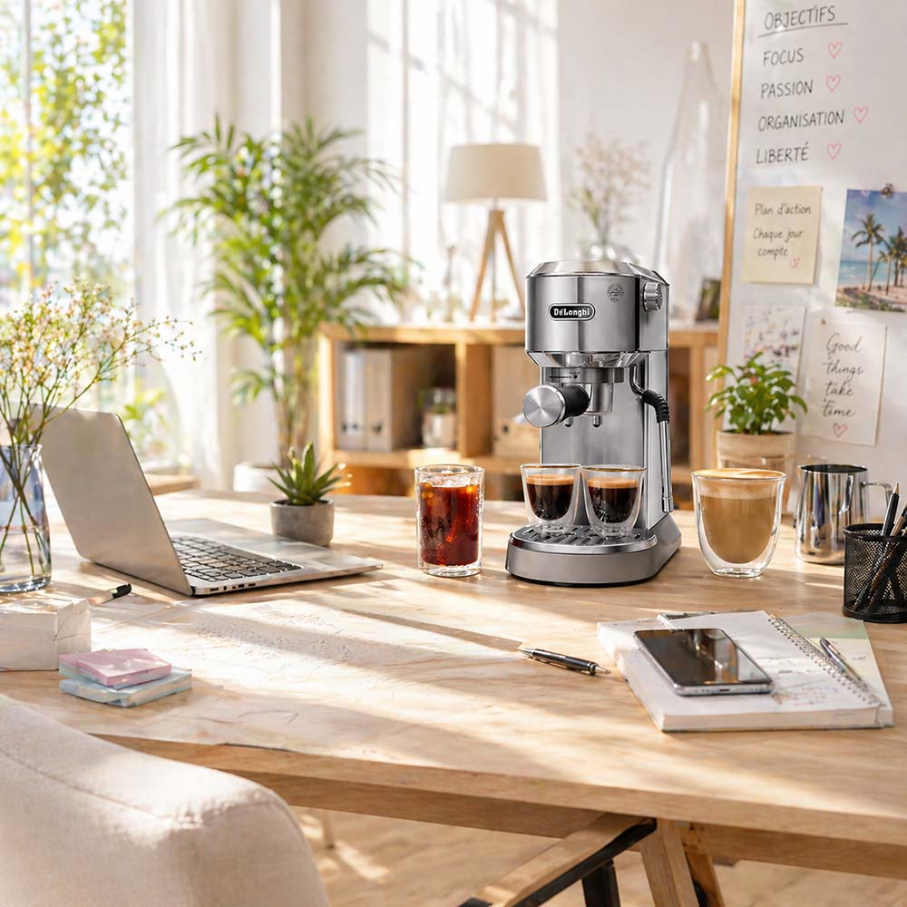 Machine à café Delonghi Dedica Style EC685 sur votre bureau toujours prête pour compenser les petites baisses de forme.
