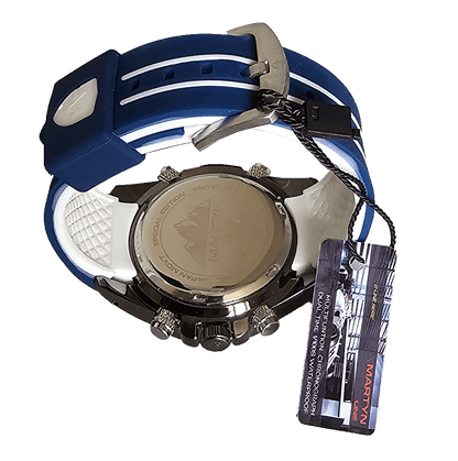 Montre homme Martyn Line Dual Time avec cadran noir, aiguilles lumineuses, affichage digital et alarme intégrée.