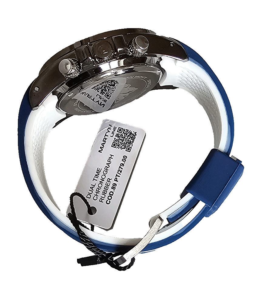Montre chronographe Martyn Line au design moderne, résistante aux éclaboussures, avec bracelet en silicone bleu et blanc.