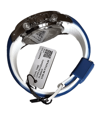 Montre chronographe Martyn Line au design moderne, résistante aux éclaboussures, avec bracelet en silicone bleu et blanc.