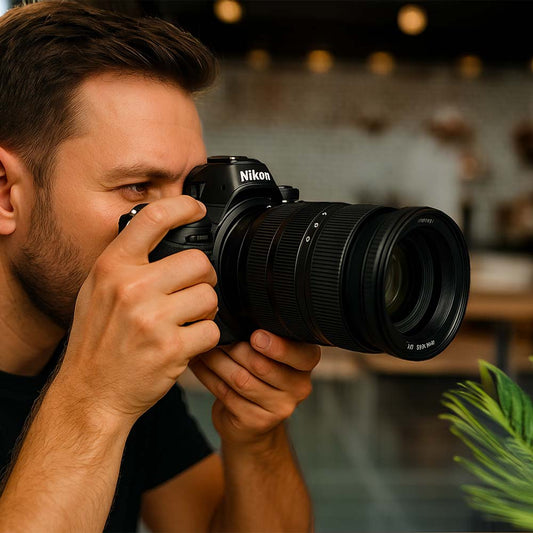 Photographe en plein shooting d'architecture d'intérieur.