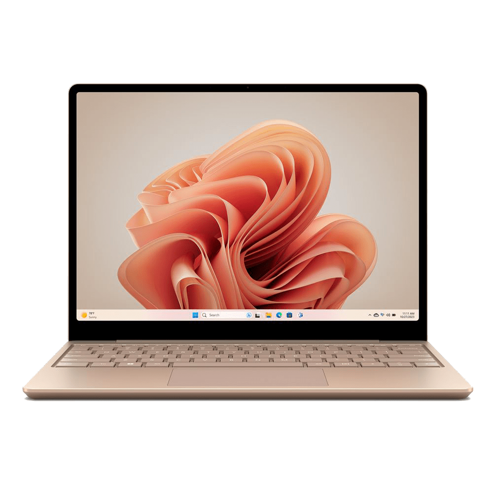 Surface Laptop Go avec son écran allumé, affichant une interface fluide sous Windows pour une utilisation intuitive