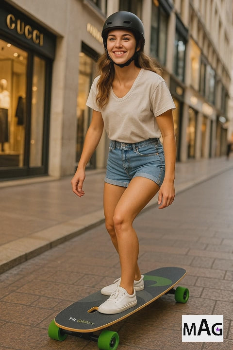 Une jeune femme fait du skateboard électrique TILGREEN dans les rues marchandes de sa ville.